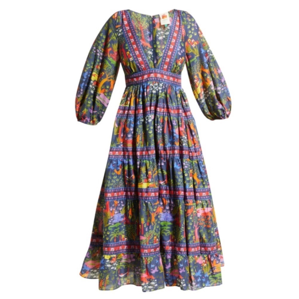 FARM Rio Animal Utopia Floral Jungle Print Puff Sleeve Midi Dress XS NWT - Picture 4 of 11